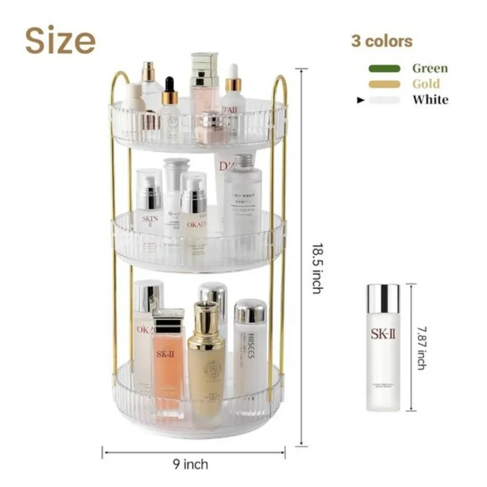 New Rotating Makeup Organizer, 3-Tier Clear Vanity & Skincare Storage - White